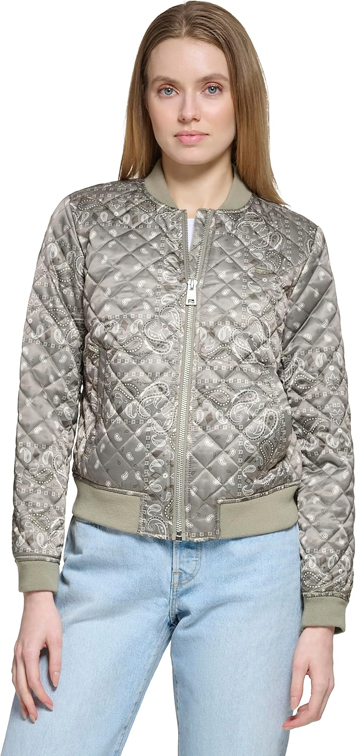 Gray quilted bomber jacket with paisley print, full-zip front, side pockets, ribbed trim