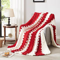 Chunky cable-knit throw blanket, red and white striped chenille knit