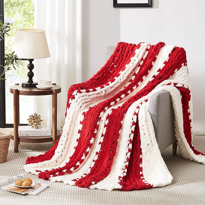 Chunky cable-knit throw blanket, red and white striped chenille knit