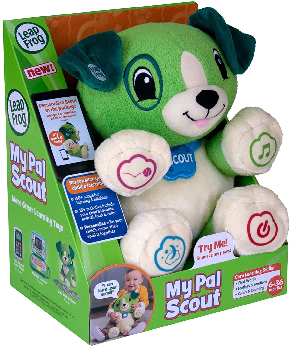 Boxed green plush song-learning bear with illustrated panels and button controls