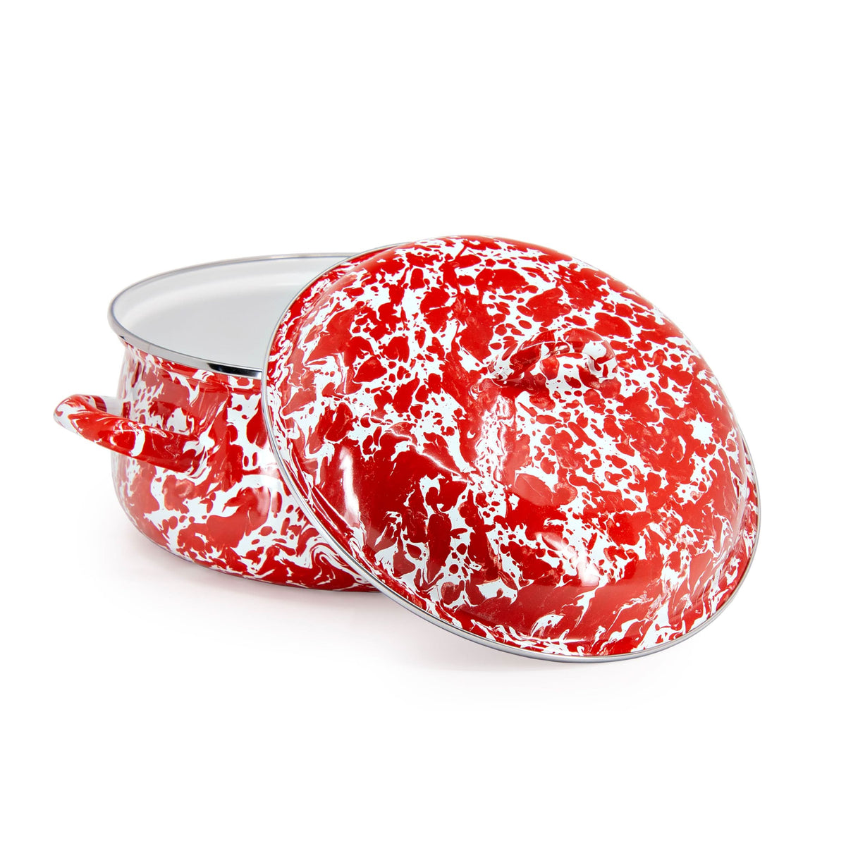 Golden Rabbit 4-quart enamel Dutch oven, red speckled with lid open