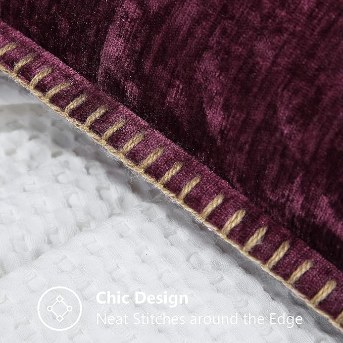 Plum chenille euro pillow cover with decorative stitched edge and trim