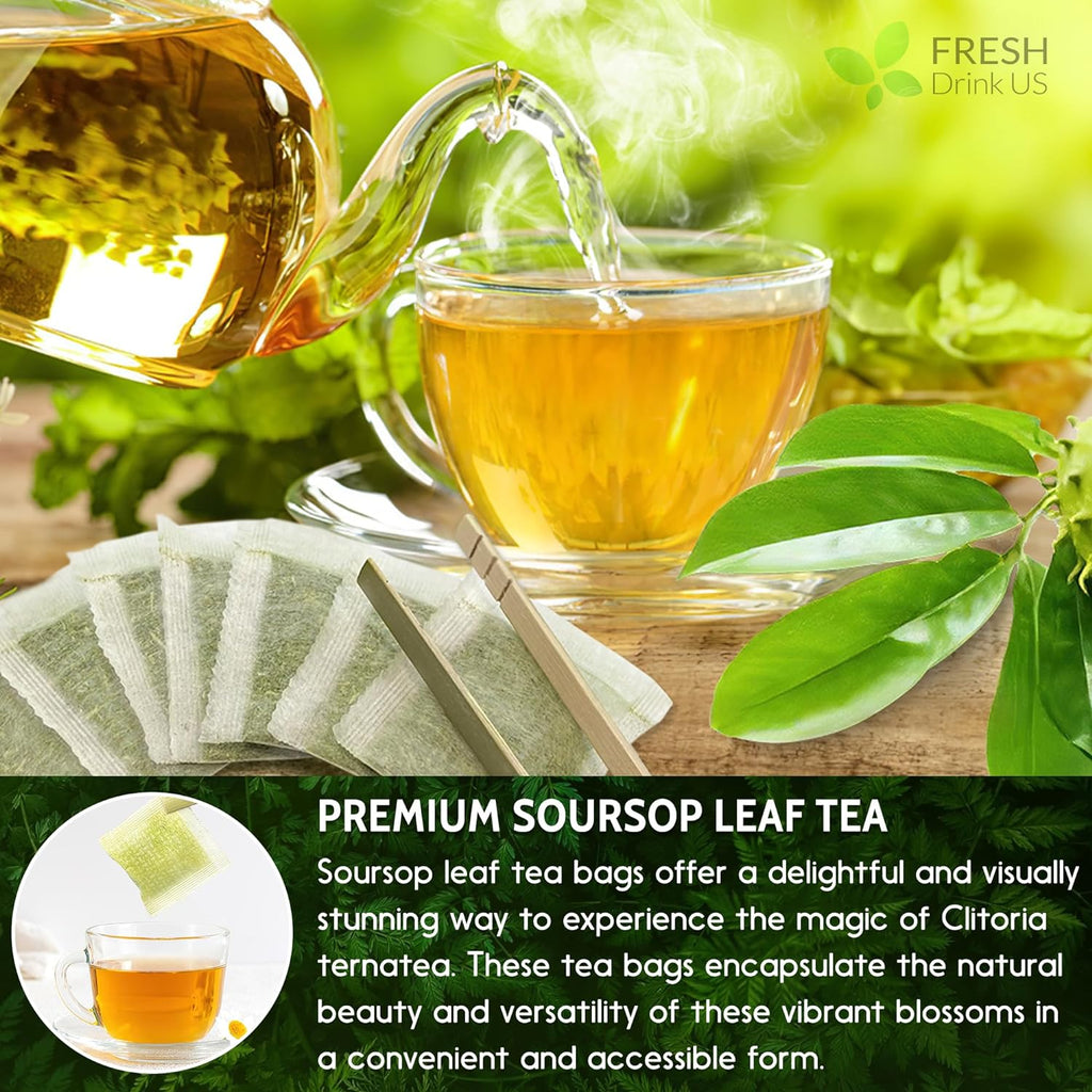Soursop leaf tea cup with poured infusion and green leaves on table