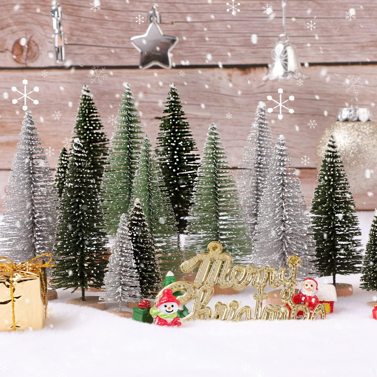 Mini bottle-brush Christmas trees with wooden bases and gold 'Merry Christmas' sign