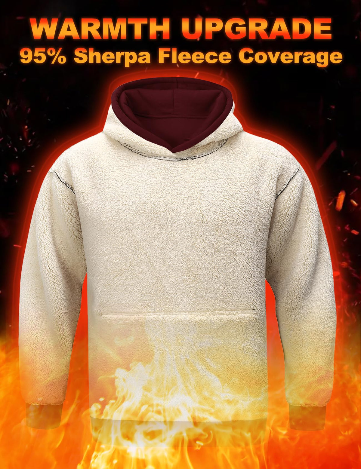 Men's sherpa-lined pullover hoodie, cream body with dark hood lining, hood drawstrings.