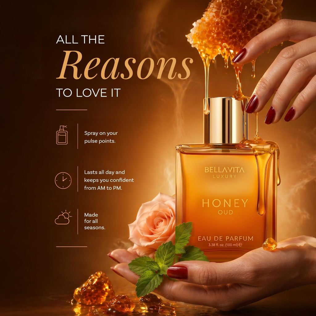 Amber fragrance bottle on hand, gold cap above honey-like liquid