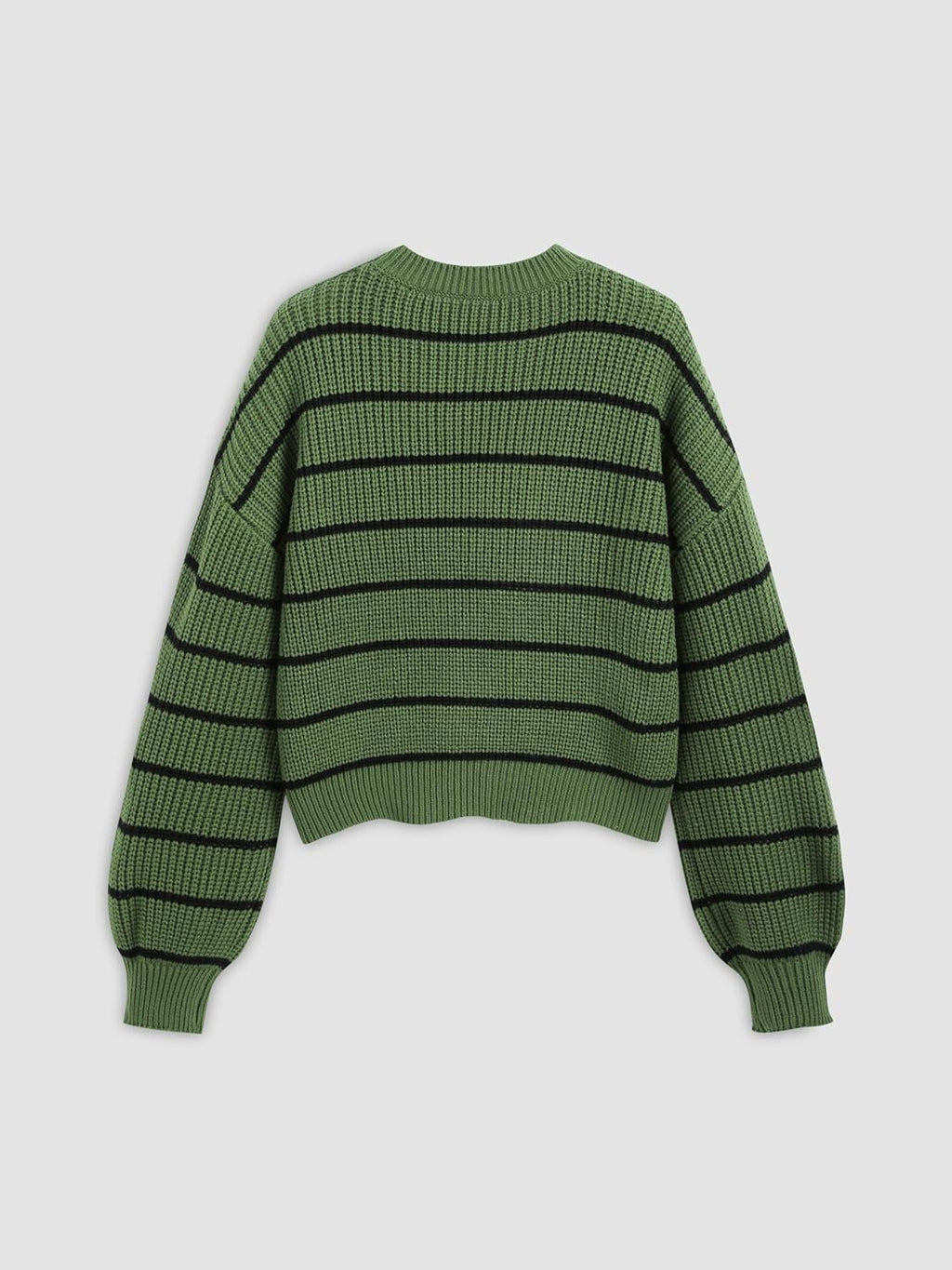 Green cropped crewneck knit sweater with long sleeves and black striped pattern