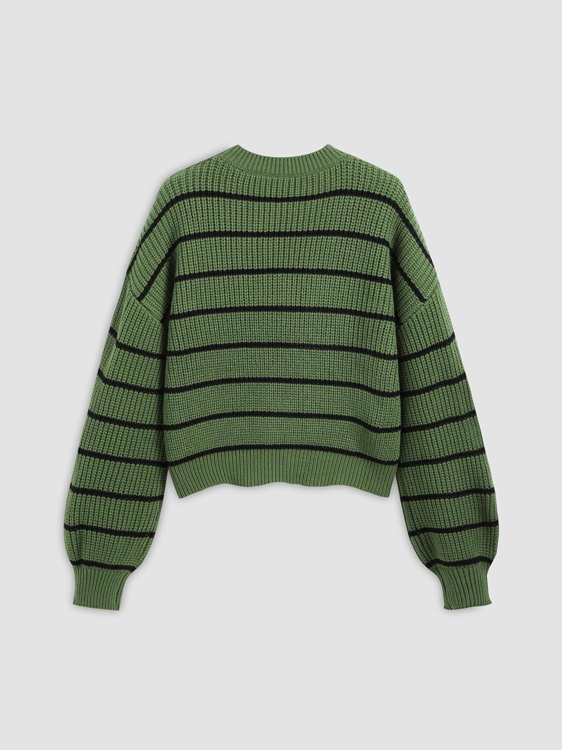Green cropped crewneck knit sweater with long sleeves and black striped pattern