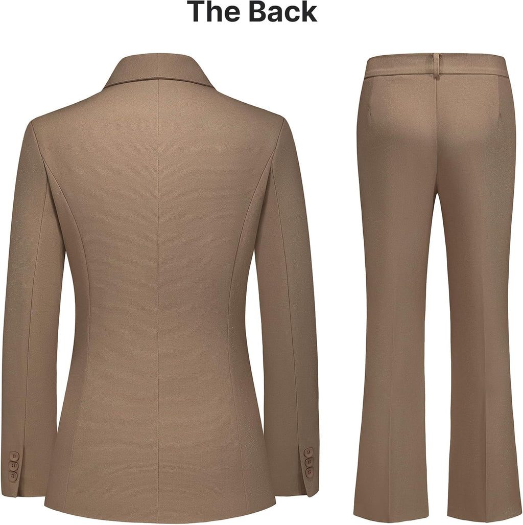 Khaki women's blazer back and matching bootcut trousers with center seam and straight legs.