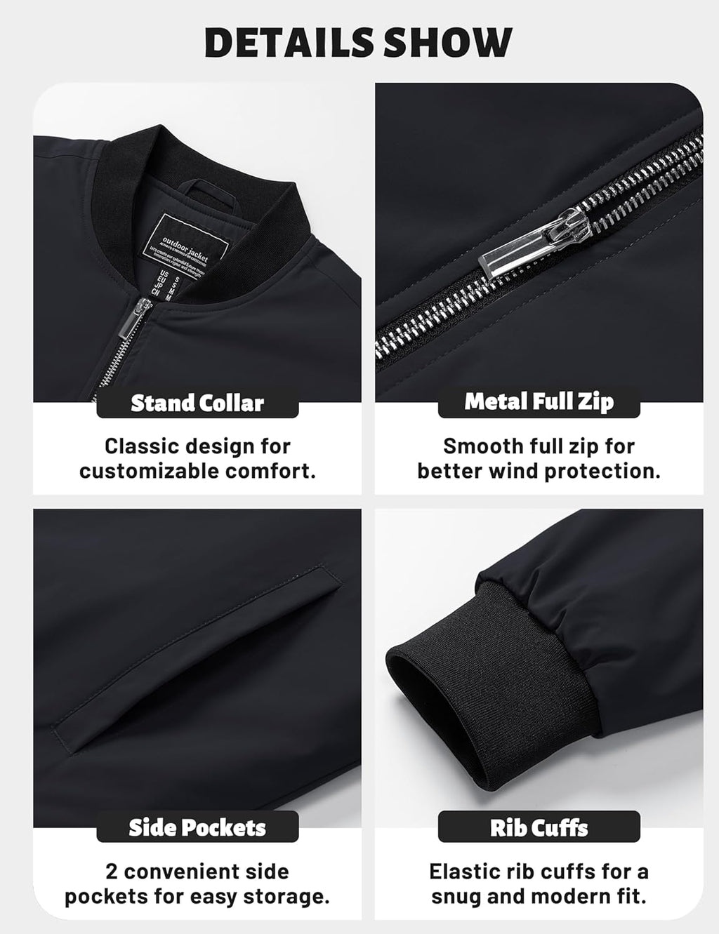Men's bomber jacket details: stand collar, metal full zip, side pockets, ribbed cuffs