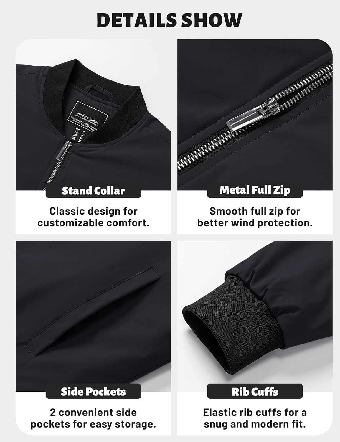 Men's bomber jacket details: stand collar, metal full zip, side pockets, ribbed cuffs
