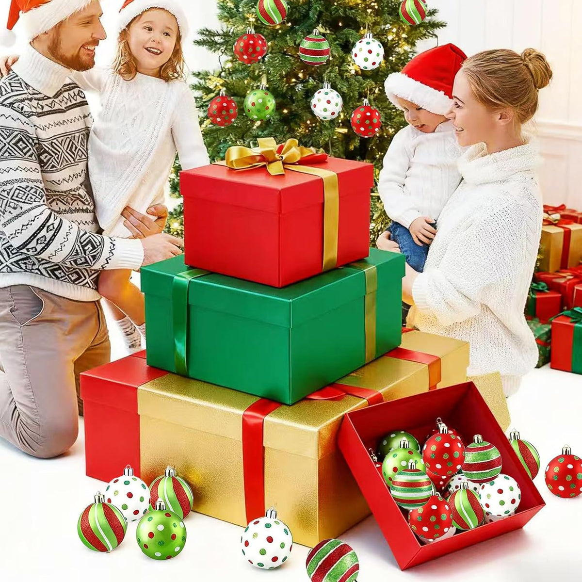 Christmas ball ornaments spilling from open gift boxes, red green and white hanging balls