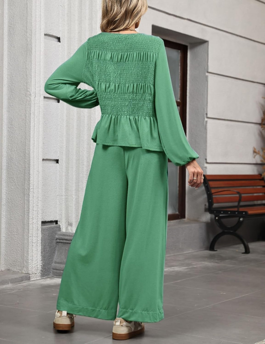 Women’s smocked long-sleeve peplum top and wide-leg pants set, dusty green, back view