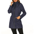 Women’s hooded waterproof raincoat, navy, zip front, flap pockets, drawstring waist