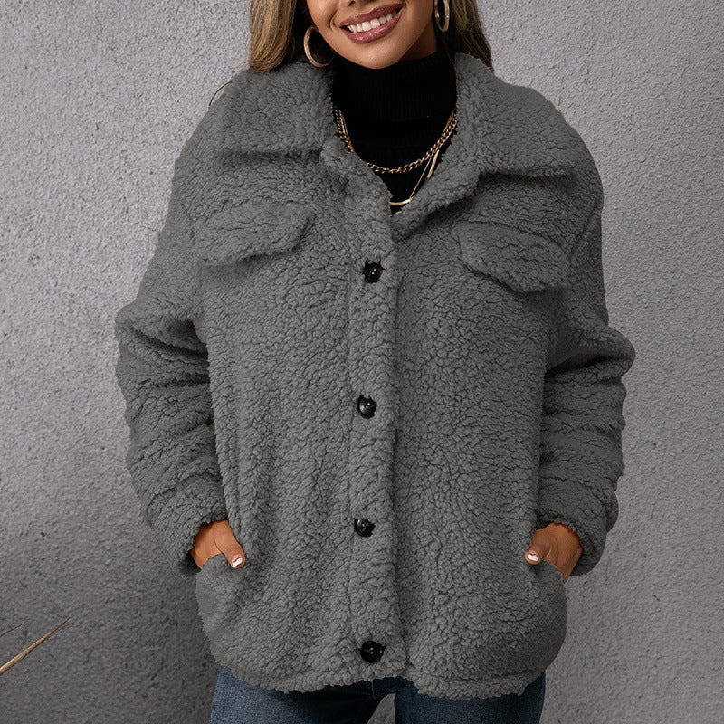 Grey fleece button-up coat with lapels, front pockets, and dark buttons