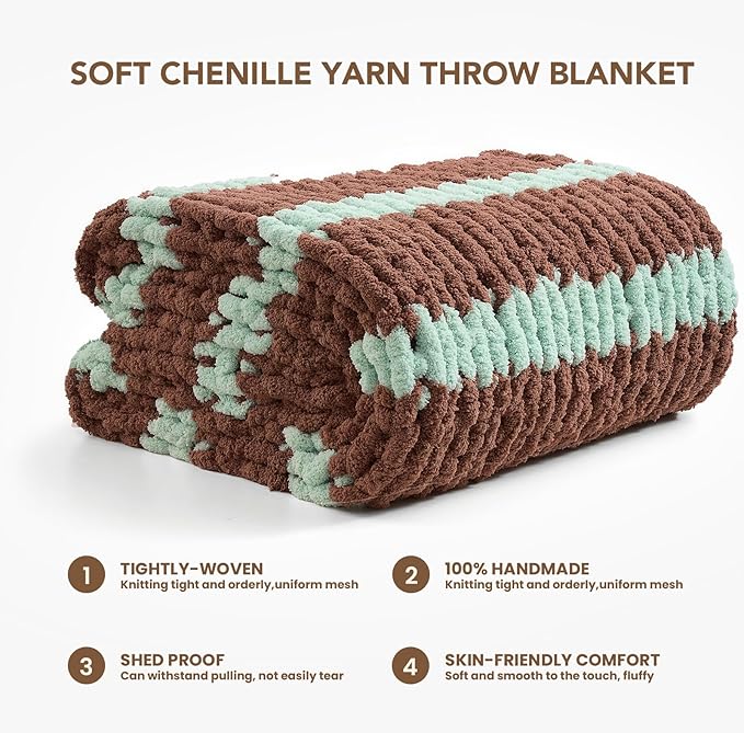 Folded brown and mint chunky chenille knit blanket with thick cable stripes
