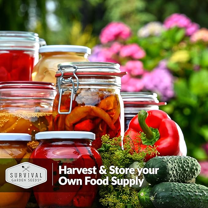 Survival Garden Seeds harvest and storage theme with glass jars of preserved vegetables
