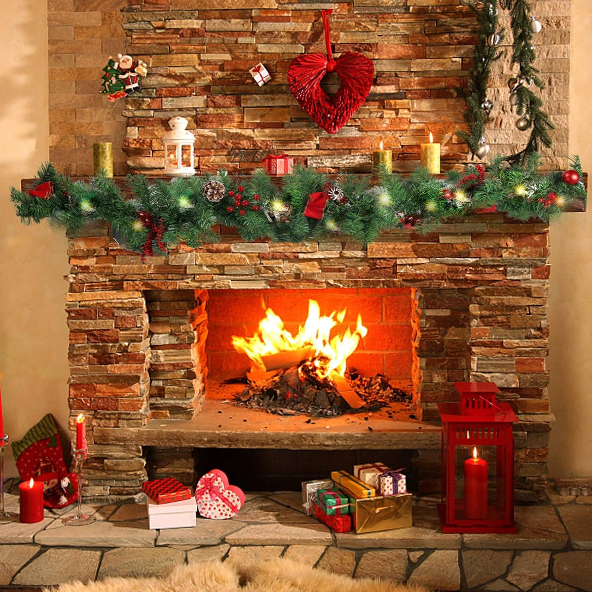 LED Christmas garland on fireplace with pine tips, red berries, bows, pinecones, and warm lights