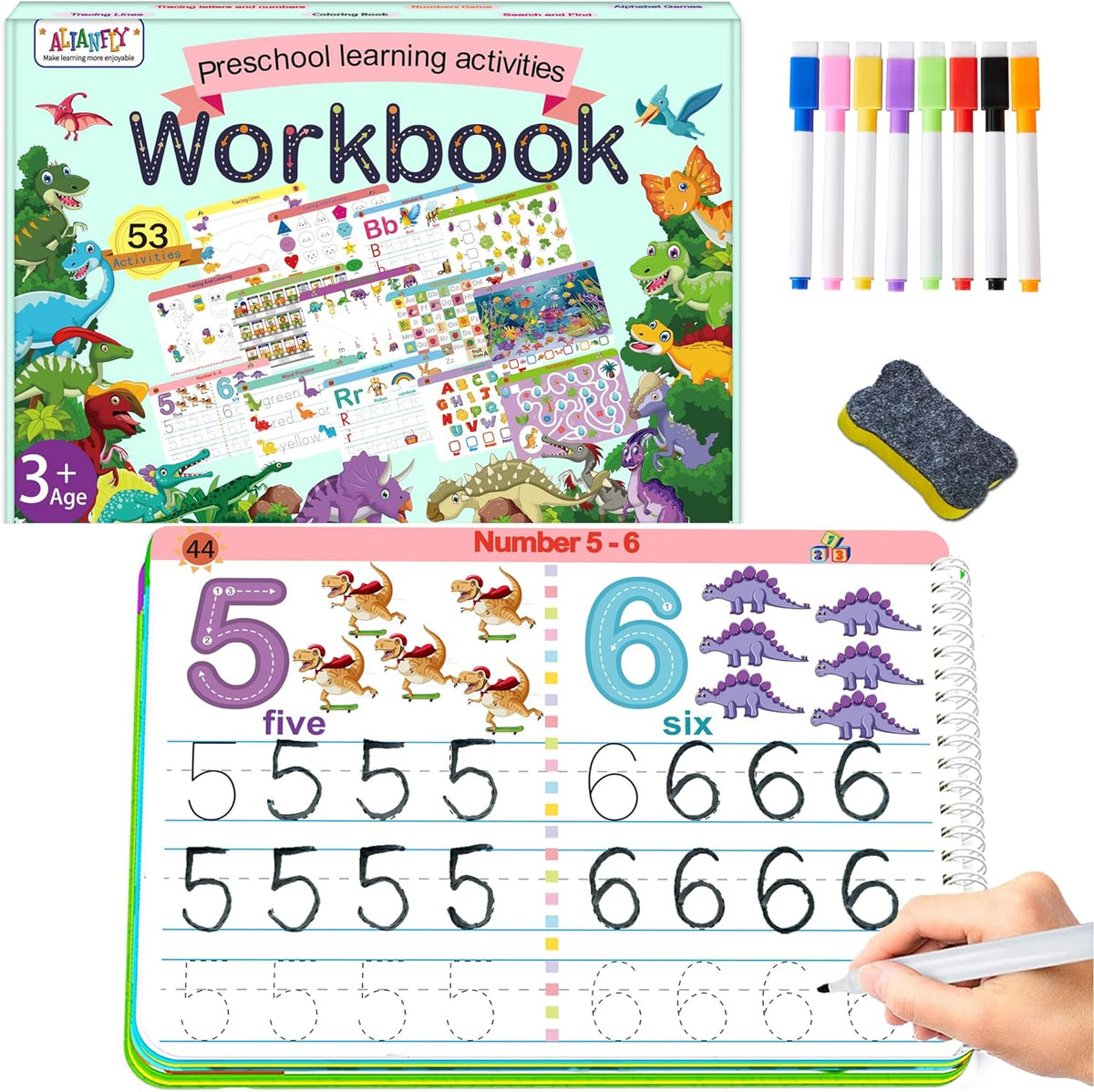 Preschool dinosaur-themed workbook with marker set and dark gray eraser.