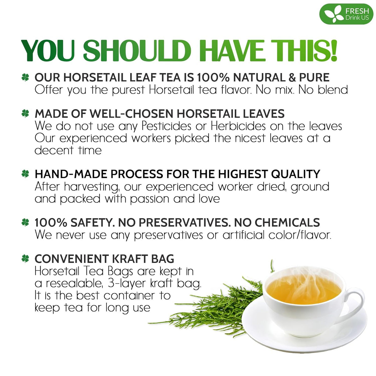 Horsetail leaf tea box graphic with cup of golden tea and horsetail leaves