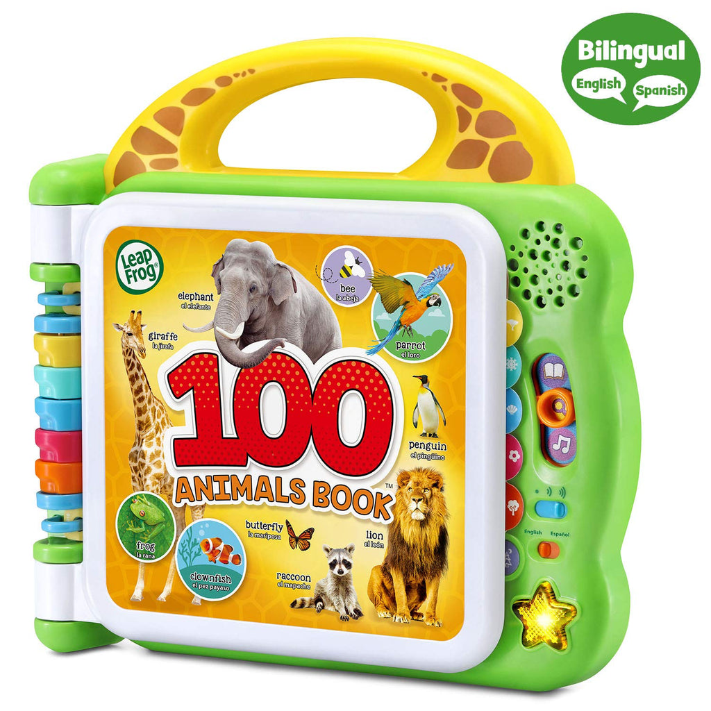Front view of green and yellow bilingual 100 animals book with animal illustrations