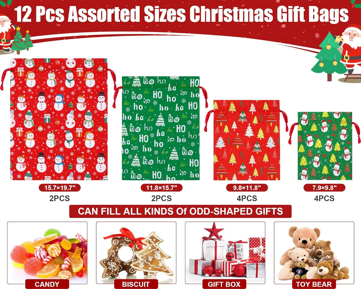 Set of Christmas fabric drawstring gift bags in red and green, assorted sizes