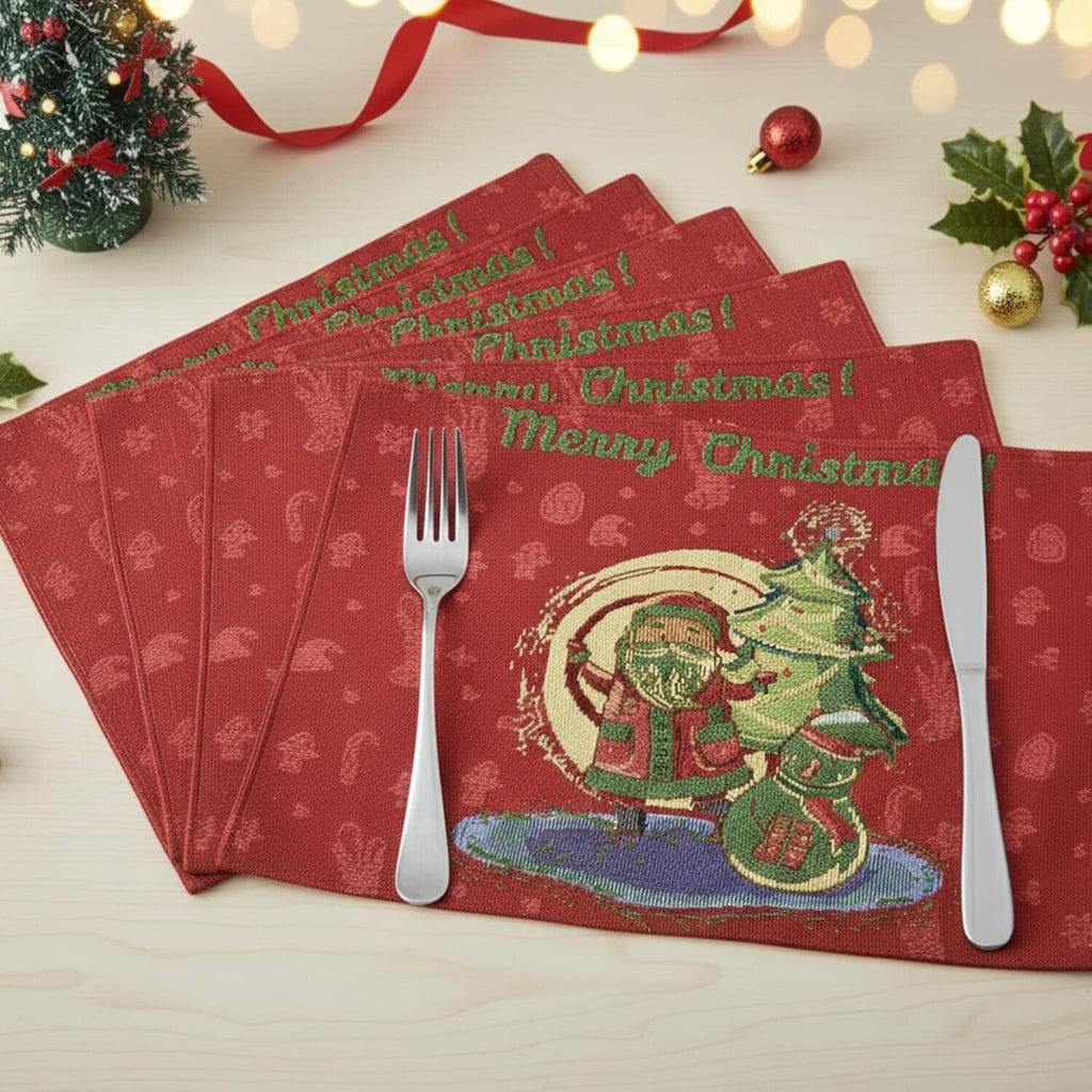 Set of four red Christmas tapestry placemats with Merry Christmas and Santa artwork