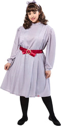 Plaid costume dress with long sleeves, high collar, red satin belt and heart buckle