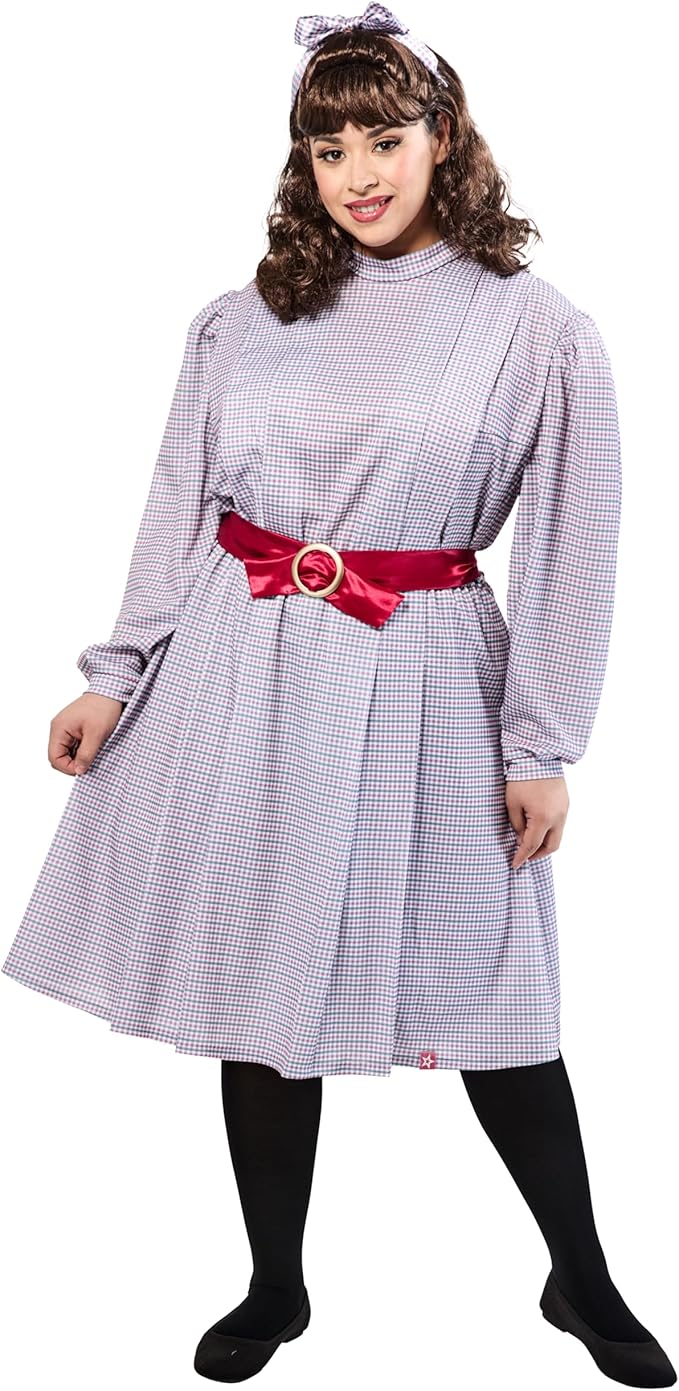 Plaid costume dress with long sleeves, high collar, red satin belt and heart buckle