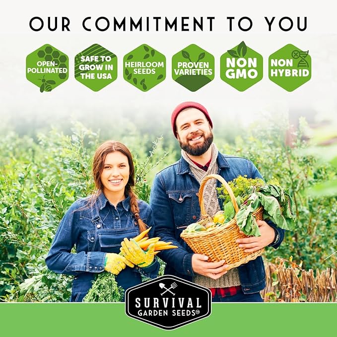 Survival Garden Seeds logo with gardeners holding a vegetable basket promotional graphic