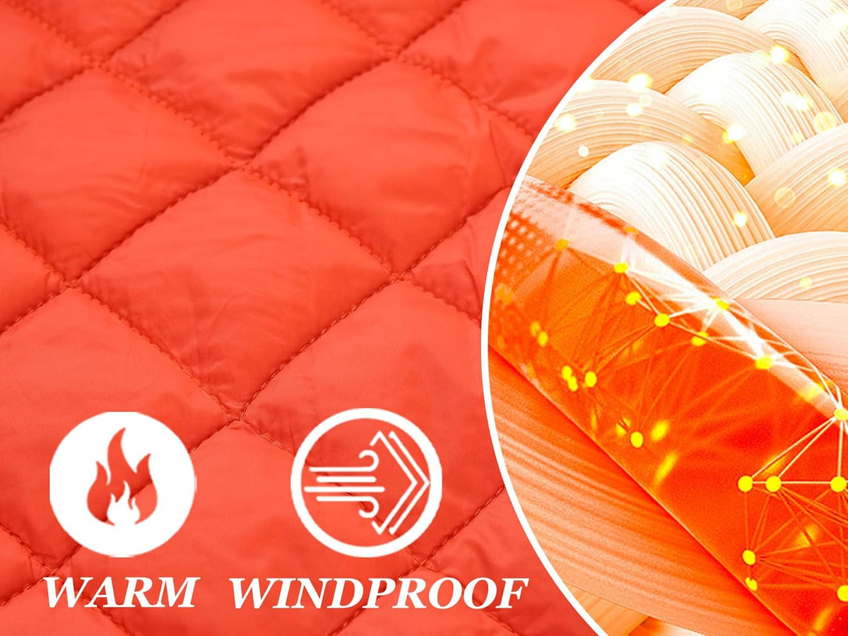 Orange quilted padded jacket lining with diamond stitching and insulation detail.