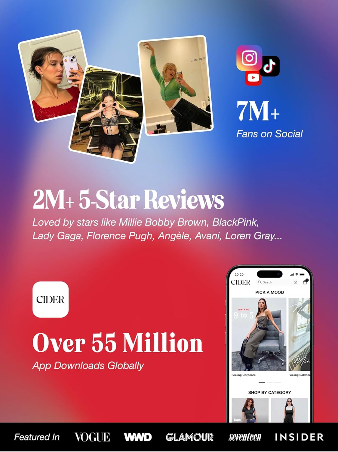 CIDER promotional graphic with app downloads text and social media icons