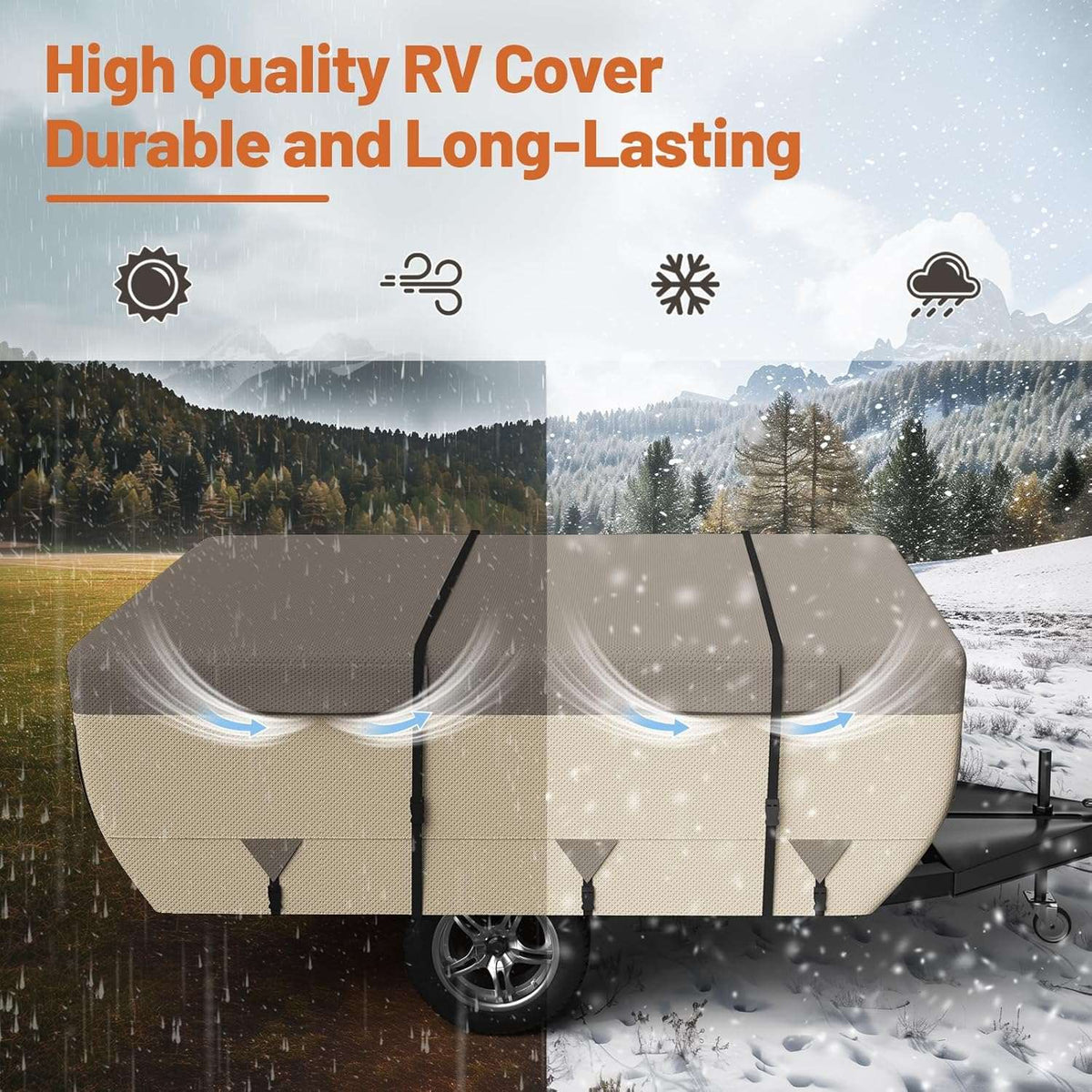 Khaki RV camper cover with secure strap fastenings and layered side panels