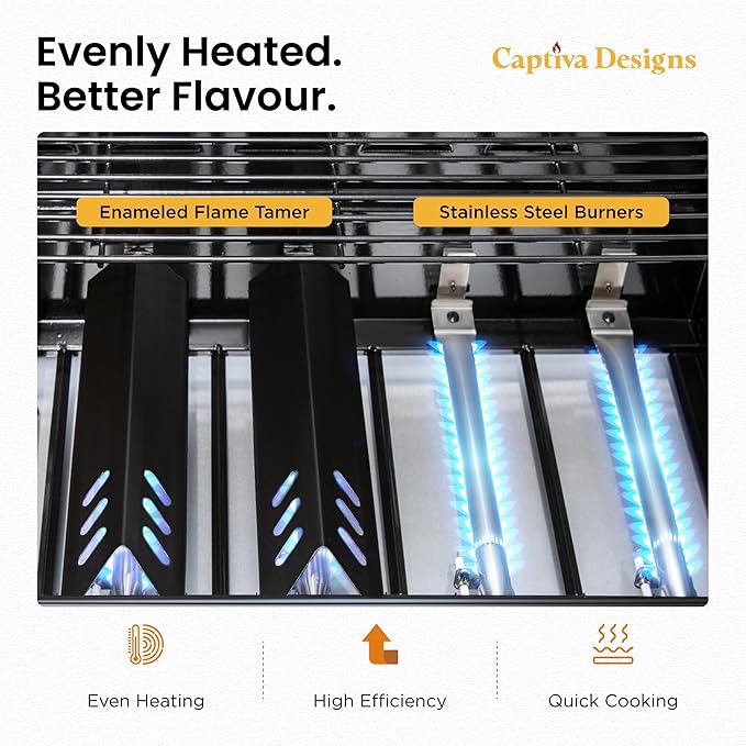 BBQ burner system with enamel flame tamers, stainless burners producing blue flames
