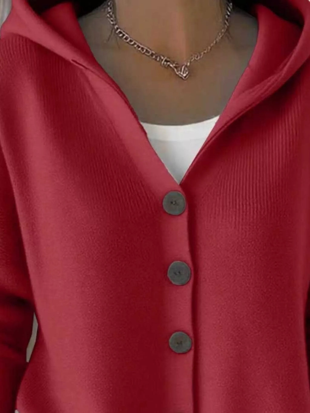 Burgundy hooded cardigan with front button placket and ribbed soft knit texture