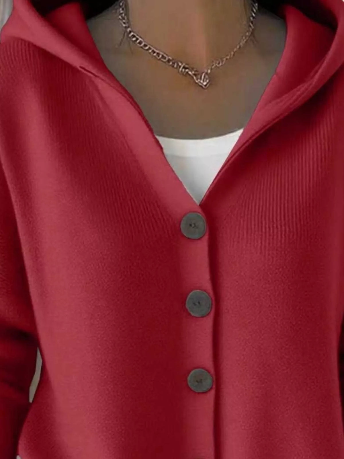 Burgundy hooded cardigan with front button placket and ribbed soft knit texture