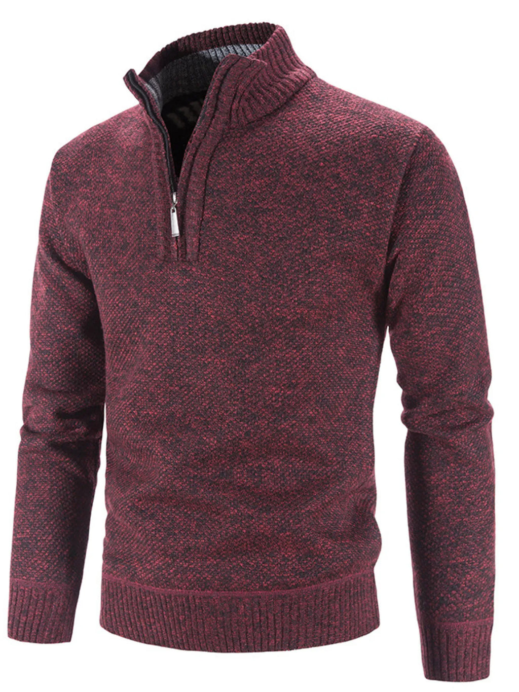 Wine red heather quarter-zip knit sweater, long sleeves, ribbed hem