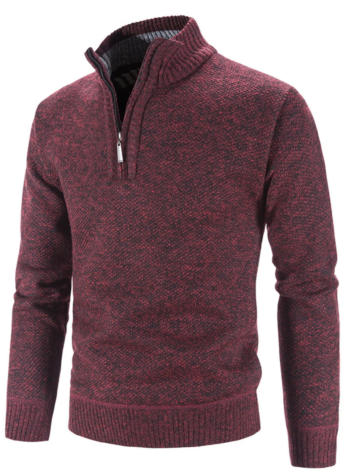 Wine red heather quarter-zip knit sweater, long sleeves, ribbed hem