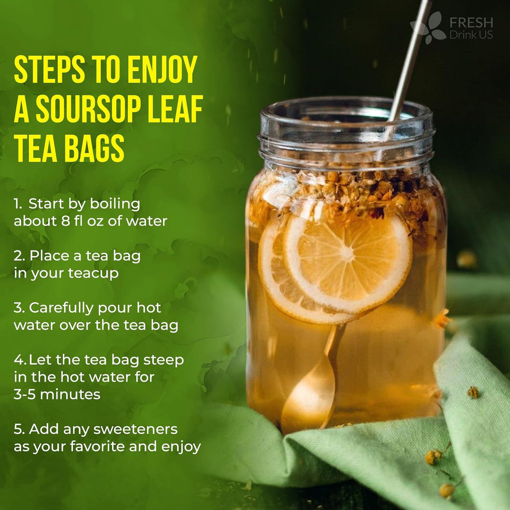 Soursop leaf tea in a glass jar with lemon slices and brewing steps graphic