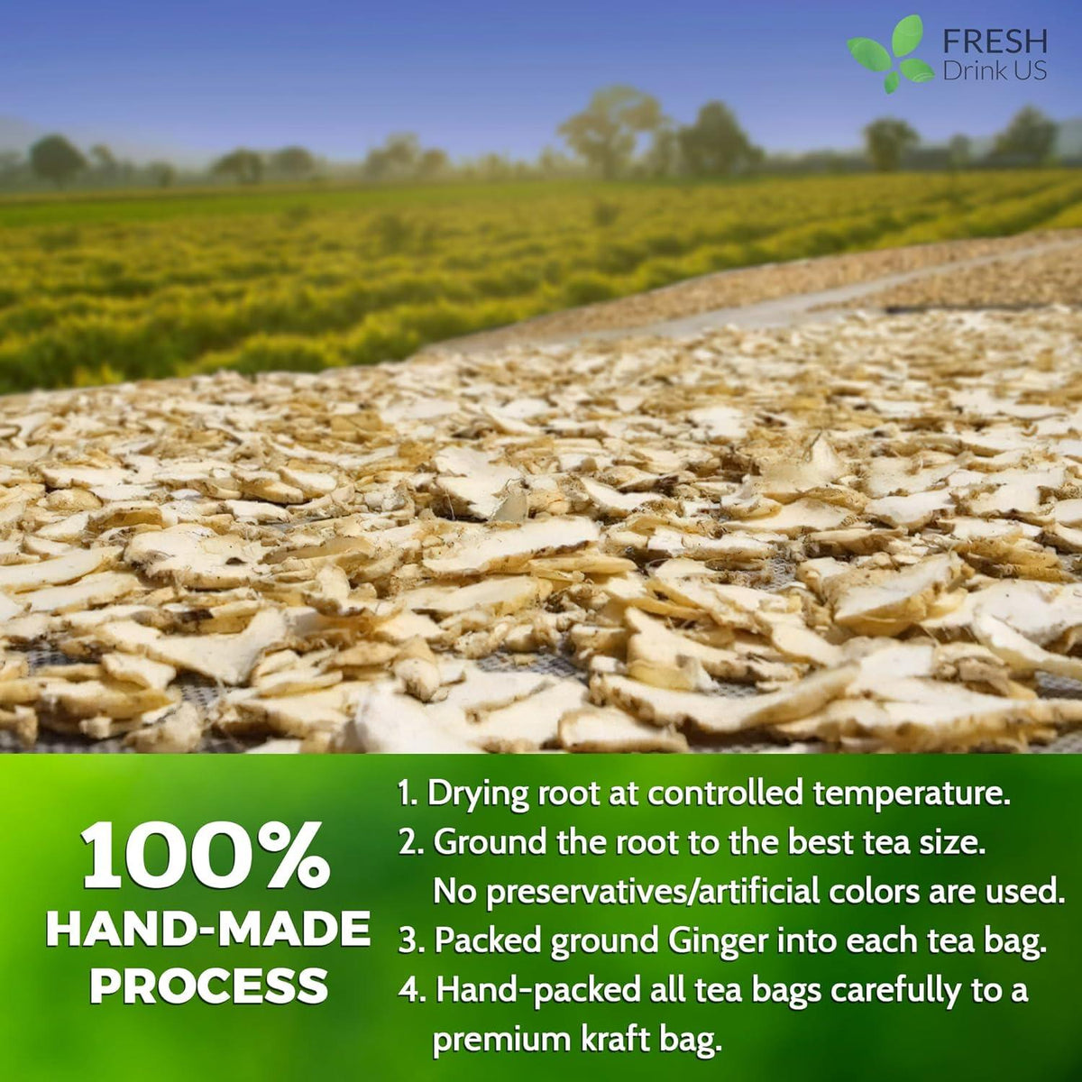 Drying ginger root on trays with '100% hand-made process' steps panel