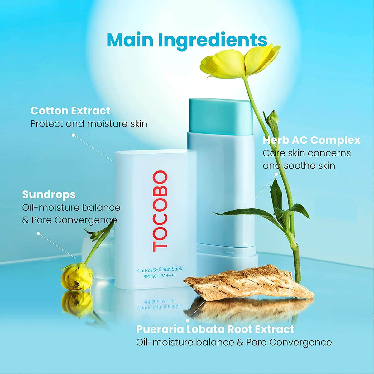 TOCOBO cotton sun stick SPF 50+ PA++++ in light blue tube among skincare items.
