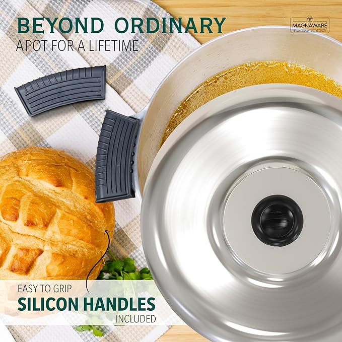 Stainless stock pot with domed lid and included black silicone handle grips