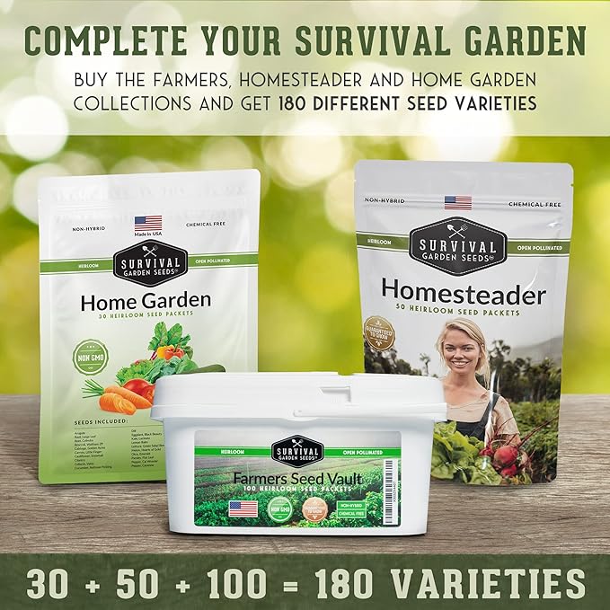 Survival Garden Seeds seed packet lineup showing 180 total variety count