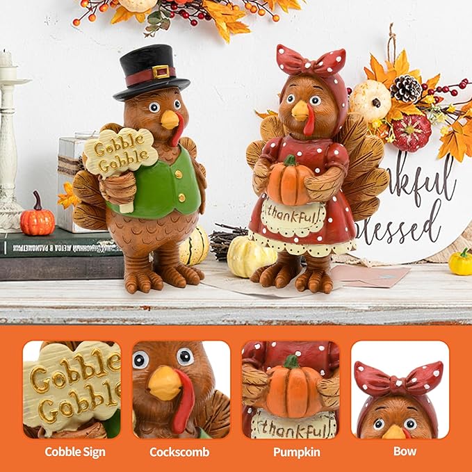Standing resin turkey couple decor with top hats and dressed aprons for fall centerpiece.