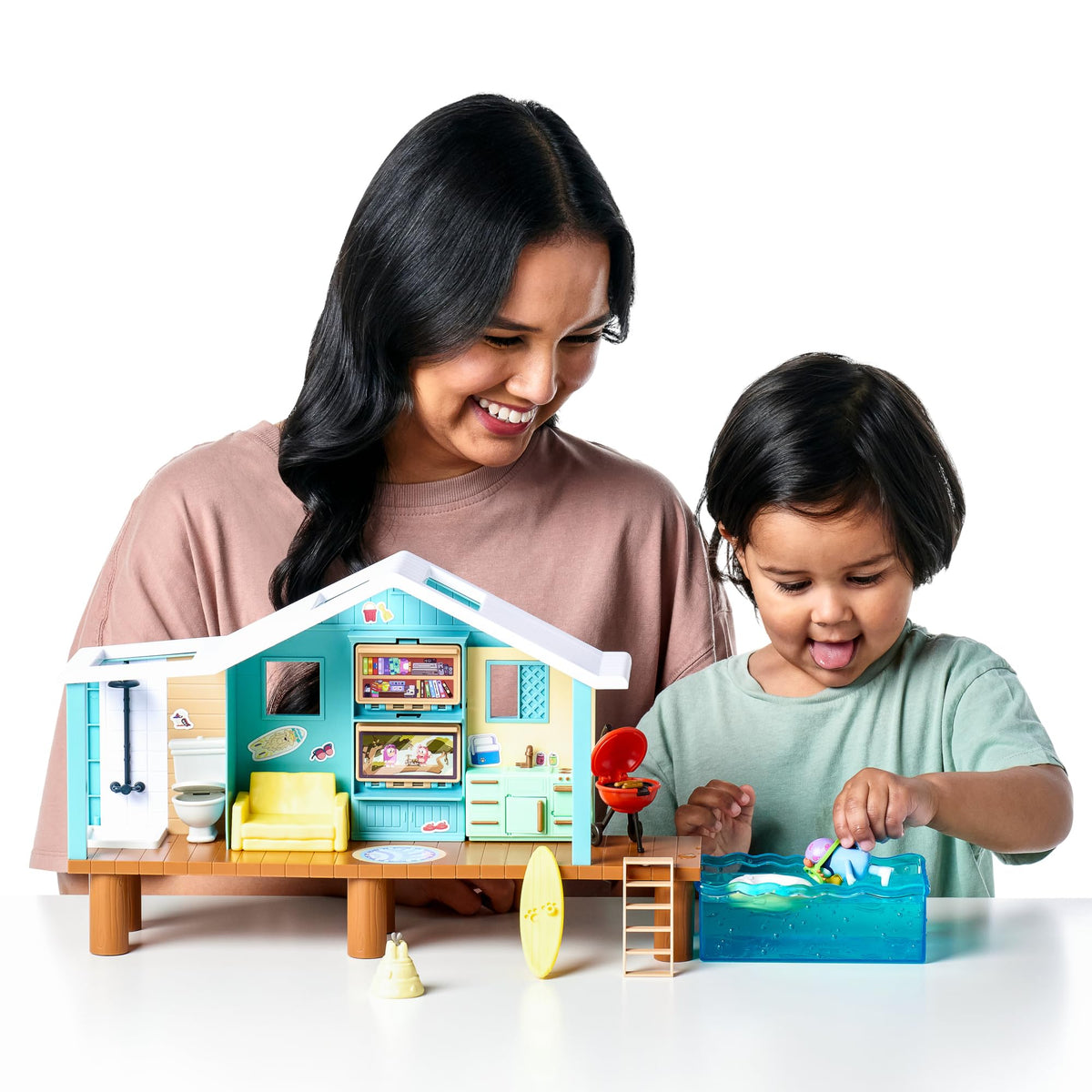 Beach cabin playset toy house with character figure, pool bin, and accessories