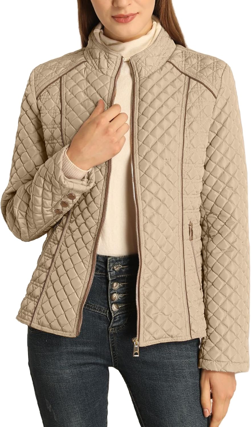 Lightweight quilted puffer jacket with stand collar, full zip, long sleeves in beige.