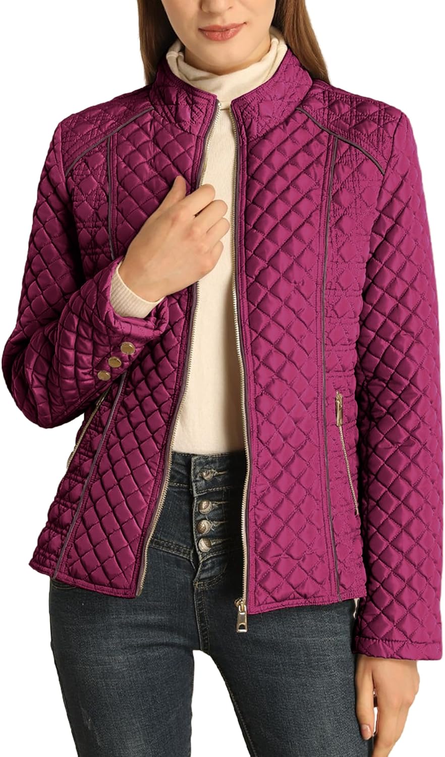 Women’s quilted puffer jacket with stand collar, front zipper, wine purple finish
