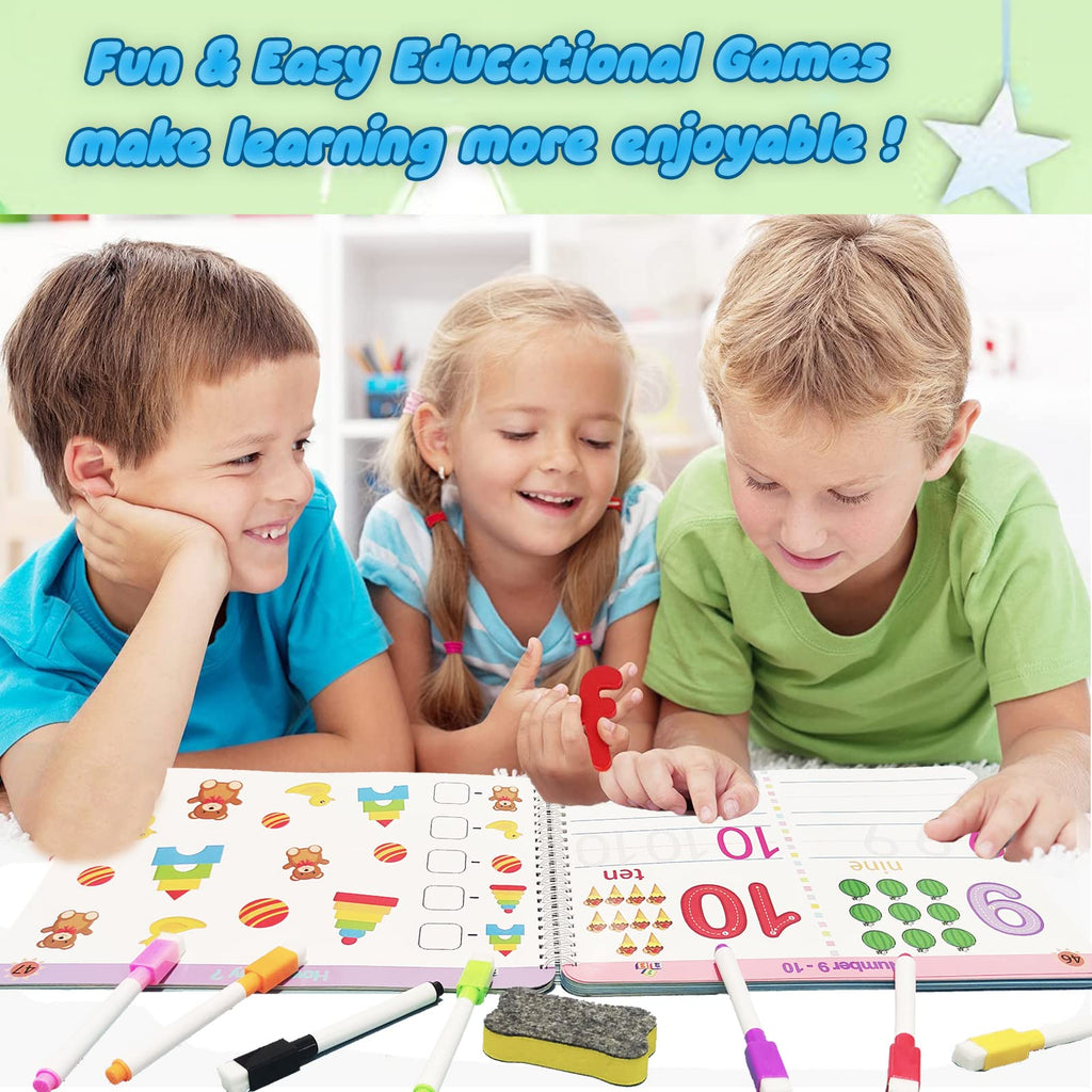 Three children using an activity workbook with dry-erase markers and writing cloth.
