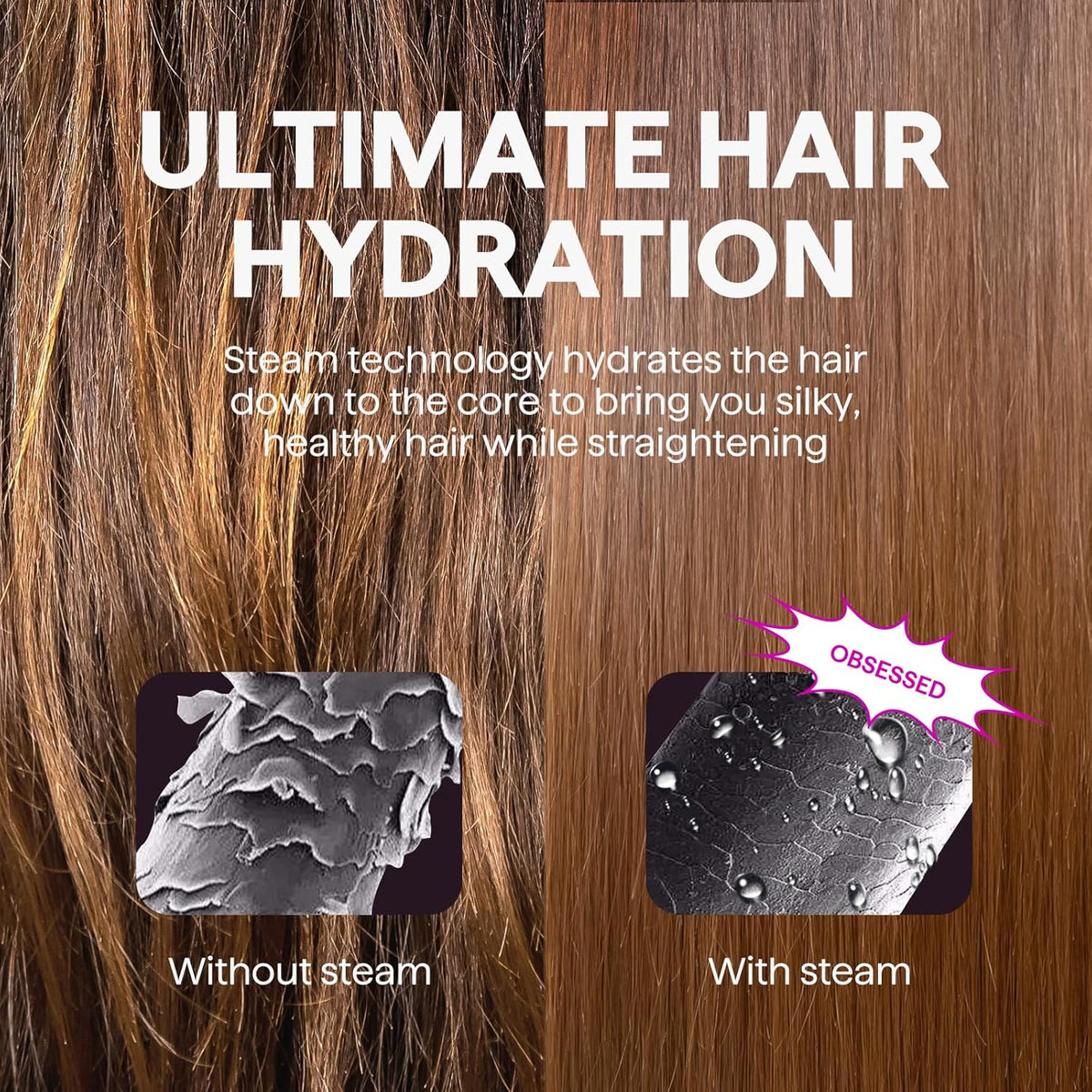 Long hair hydration comparison showing results with and without steam