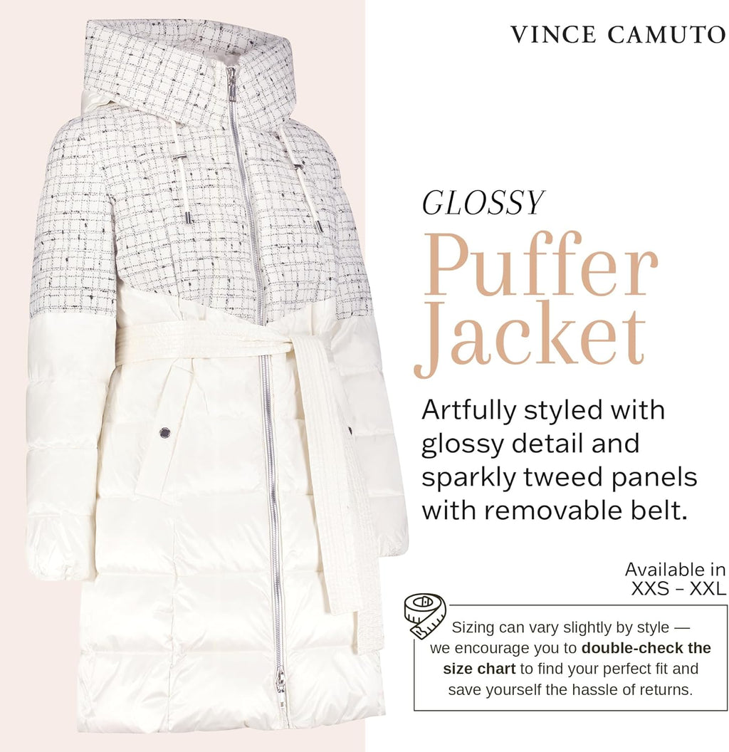 Cream glossy puffer jacket with hood, zipper front, and removable waist belt